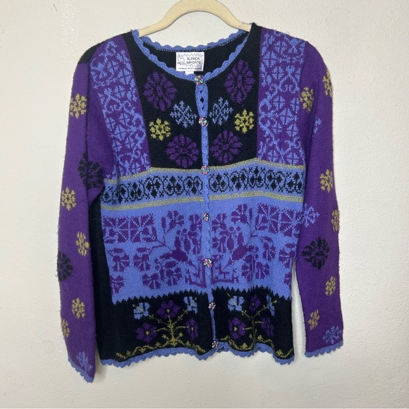 Alpaca Imorts Vibrant Purple and Blue Cardigan Size Medium - Picture 1 of 7